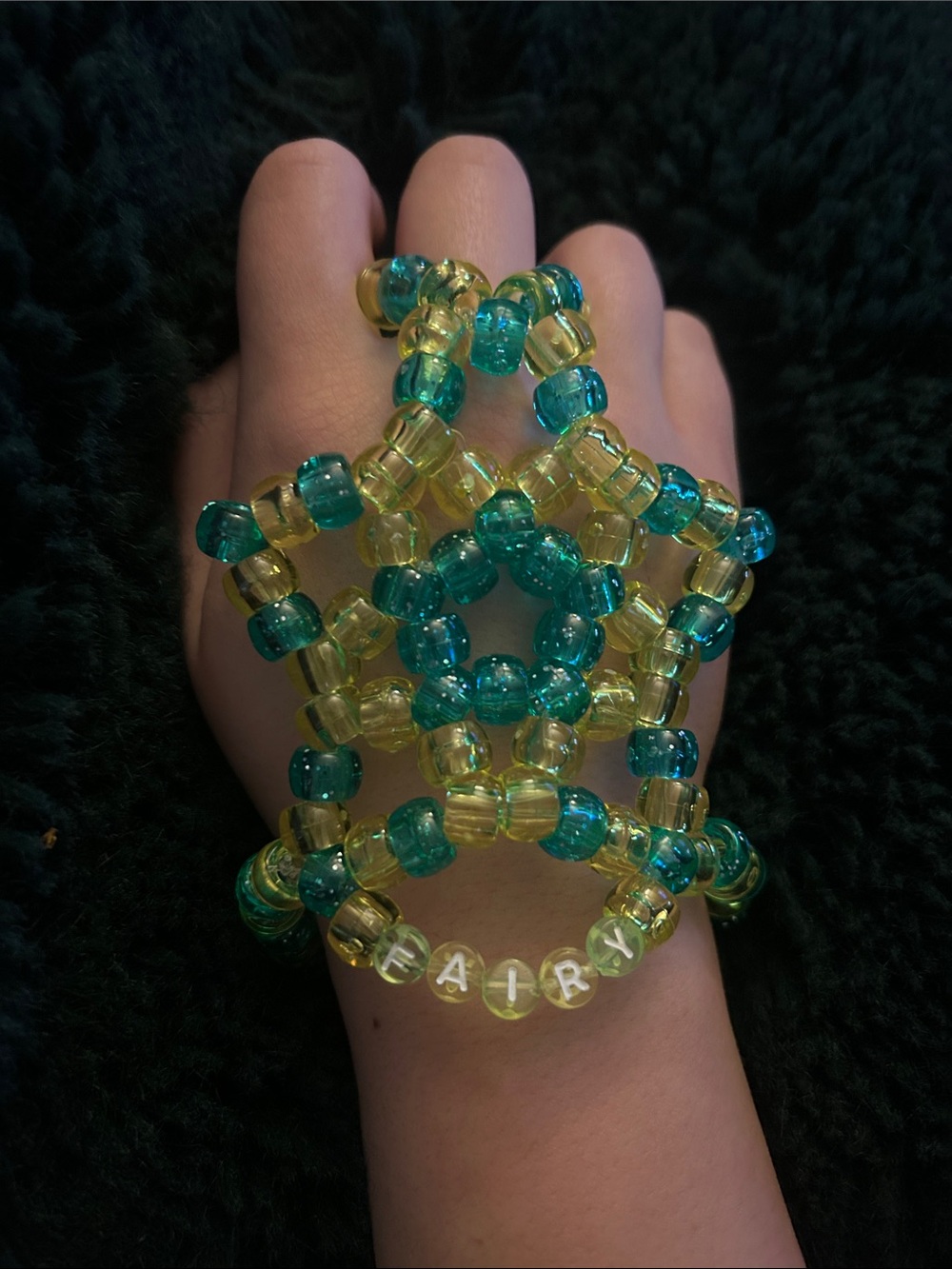Handmade Kandi Star Beaded Cuff Bracelet - Yellow & Teal